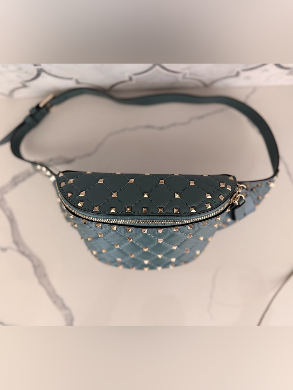 Valentino Garavani Quilted Teal Leather Rockstud Belt Bag - Picture 3 of 7